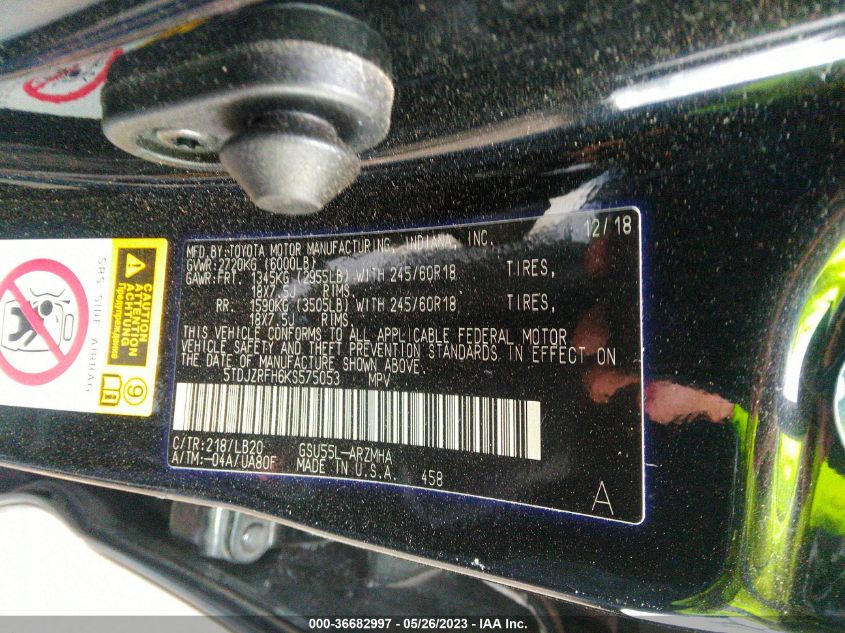 2019 TOYOTA HIGHLANDER SE/XLE - 5TDJZRFH6KS575053