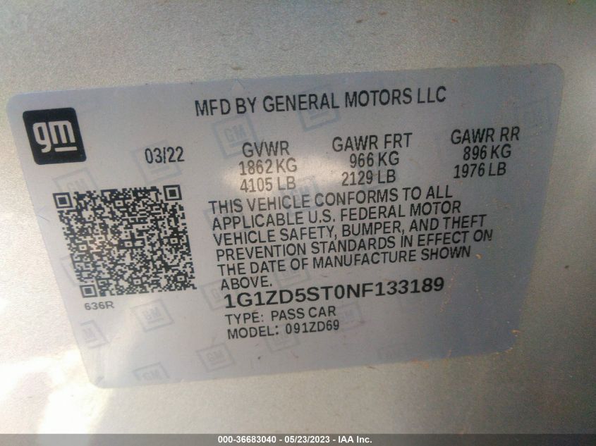 2022 CHEVROLET MALIBU LT - 1G1ZD5ST0NF133189