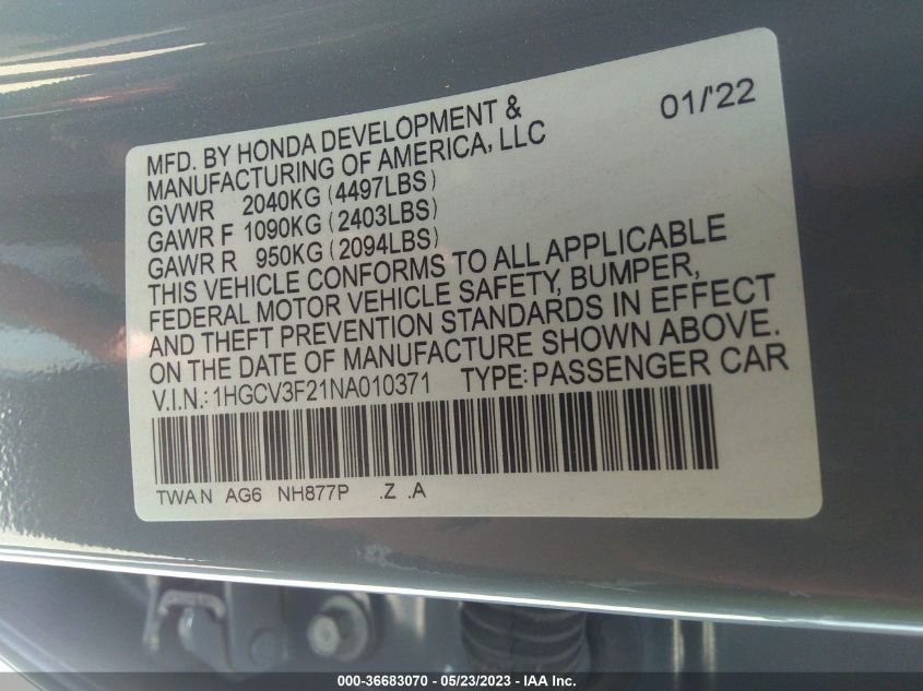 1HGCV3F21NA010371 Honda Accord Hybrid SPORT 9