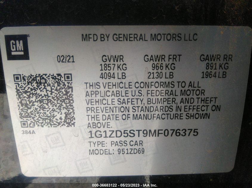 2021 CHEVROLET MALIBU LT - 1G1ZD5ST9MF076375