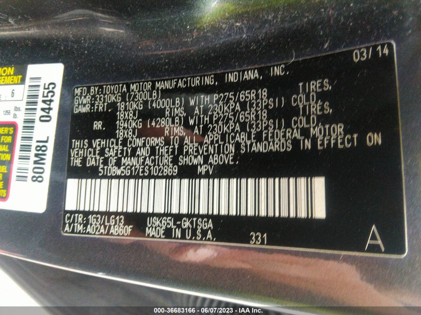 2014 TOYOTA SEQUOIA SR5 - 5TDBW5G17ES102869