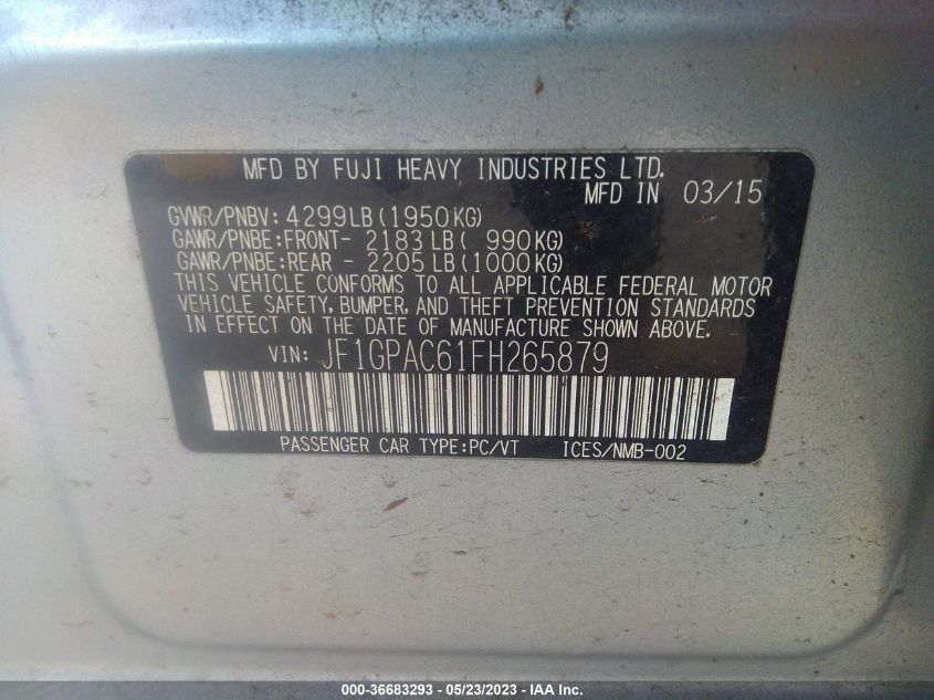 2015 SUBARU IMPREZA WAGON 2.0I PREMIUM - JF1GPAC61FH265879