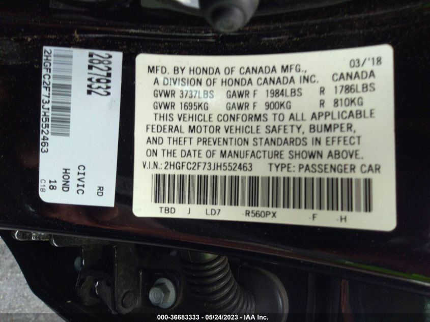 2018 HONDA CIVIC SEDAN EX - 2HGFC2F73JH552463