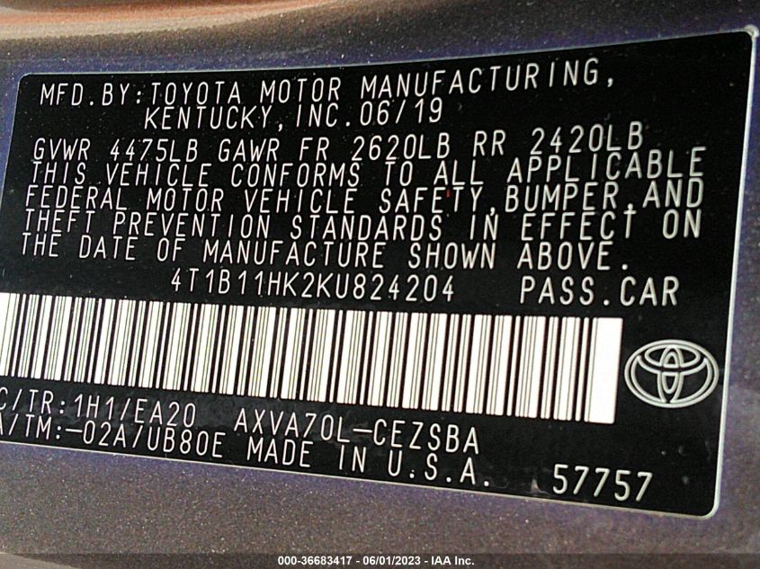 2019 TOYOTA CAMRY LE/SE/XLE/L - 4T1B11HK2KU824204