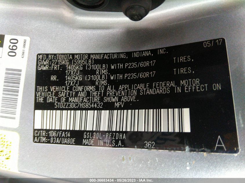 2017 TOYOTA SIENNA L - 5TDZZ3DC7HS854432