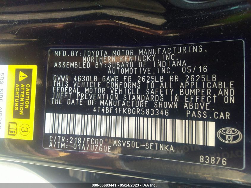 2016 TOYOTA CAMRY XLE/SE/LE/XSE - 4T4BF1FK8GR583346