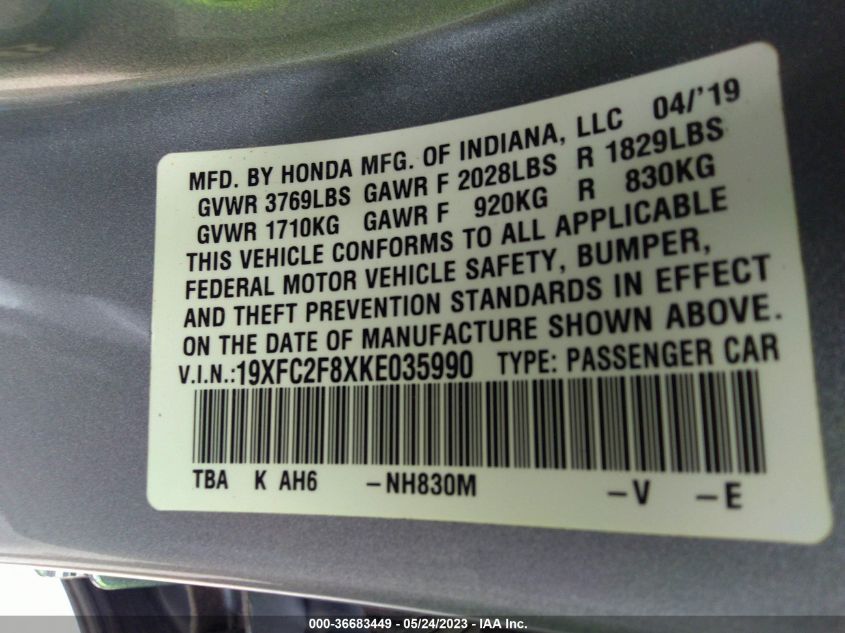 2019 HONDA CIVIC SEDAN SPORT - 19XFC2F8XKE035990