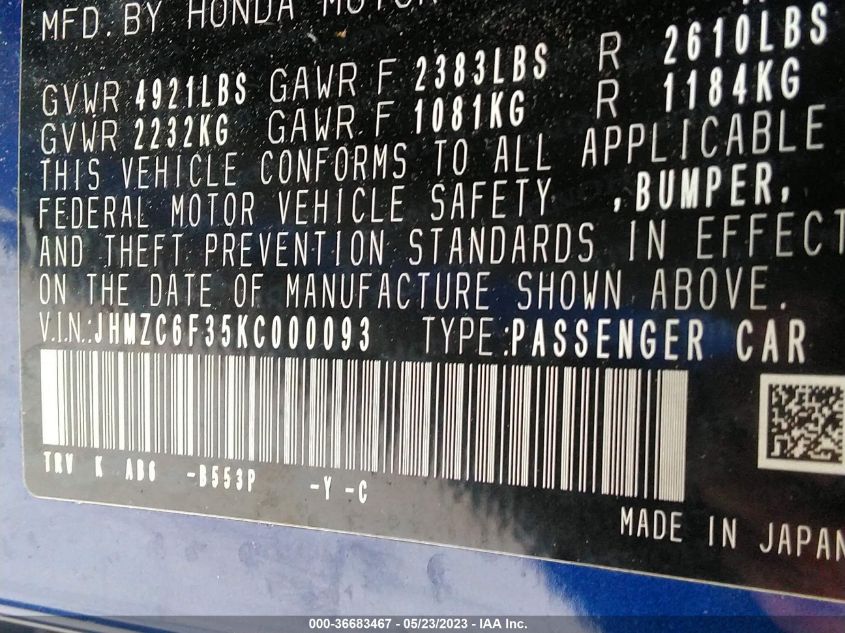 2019 HONDA CLARITY ELECTRIC - JHMZC6F35KC000093