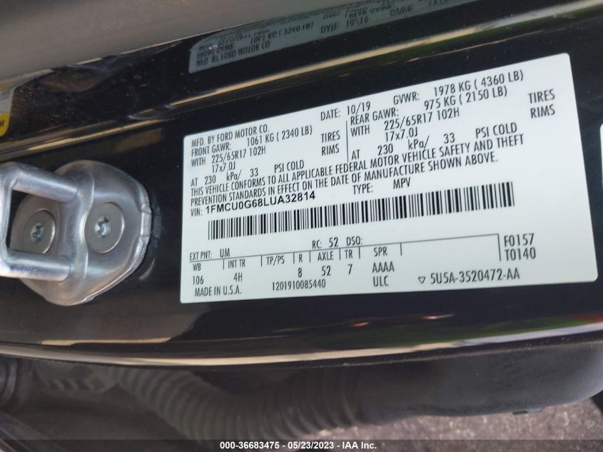 1FMCU0G68LUA32814 2020 FORD ESCAPE, photo no. 9