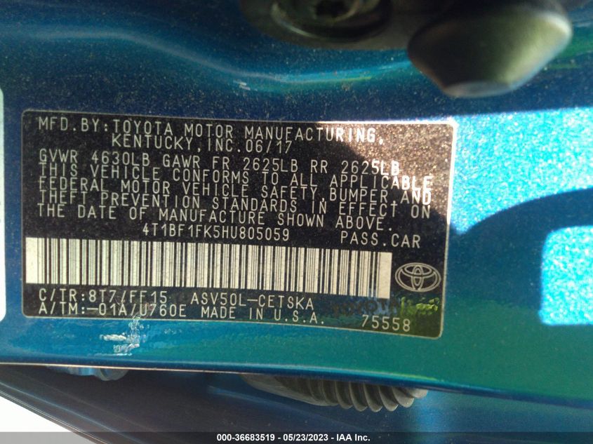 2017 TOYOTA CAMRY XLE/SE/LE/XSE - 4T1BF1FK5HU805059