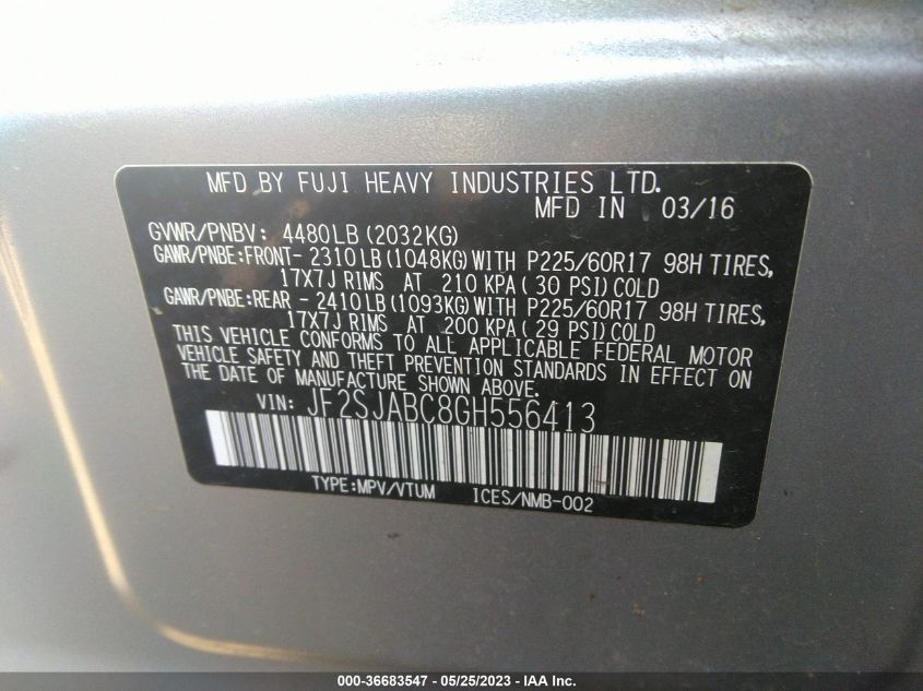 2016 SUBARU FORESTER 2.5I - JF2SJABC8GH556413
