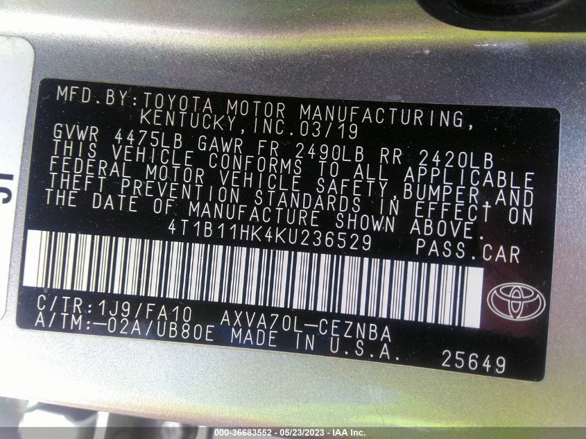 2019 TOYOTA CAMRY LE/SE/XLE/L - 4T1B11HK4KU236529