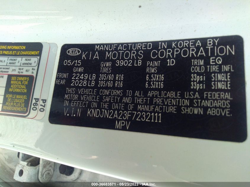 2015 KIA SOUL BASE - KNDJN2A23F7232111