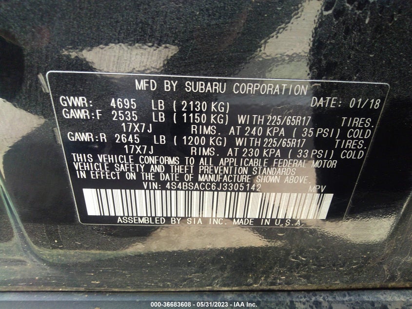 VIN 4S4BSACC6J3305142 2018 SUBARU OUTBACK PREMIUM