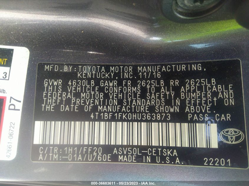 2017 TOYOTA CAMRY XLE/SE/LE/XSE - 4T1BF1FK0HU363873
