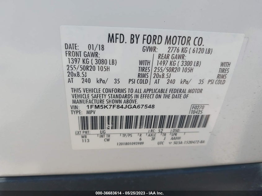VIN 1FM5K7F84JGA67548 2018 FORD EXPLORER LIMITED