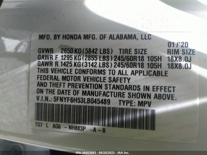 2020 HONDA PILOT EX-L - 5FNYF6H53LB045489