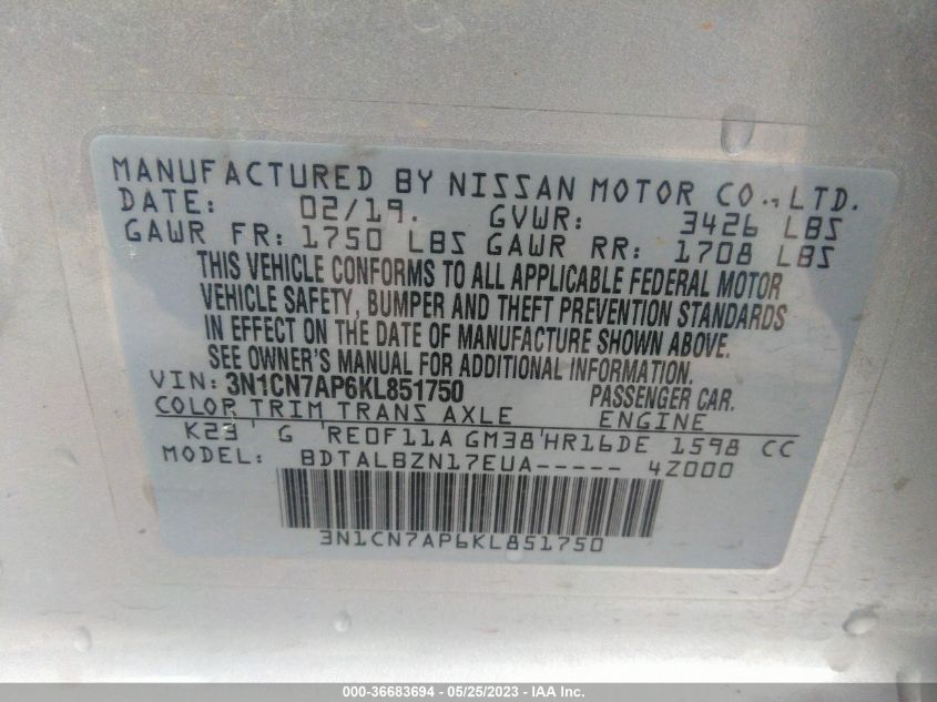 2019 NISSAN VERSA 1.6 SV - 3N1CN7AP6KL851750