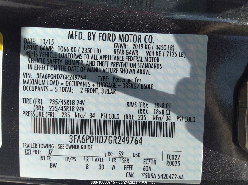 3FA6P0HD7GR249764 2016 FORD FUSION, photo no. 9