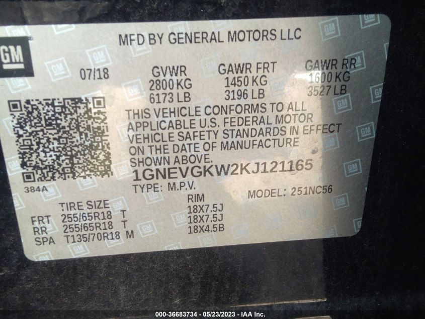 2019 CHEVROLET TRAVERSE LT CLOTH - 1GNEVGKW2KJ121165