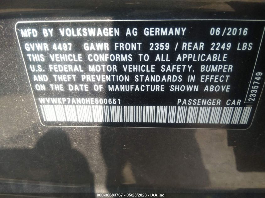 2017 VOLKSWAGEN CC 2.0T SPORT - WVWKP7AN0HE500651