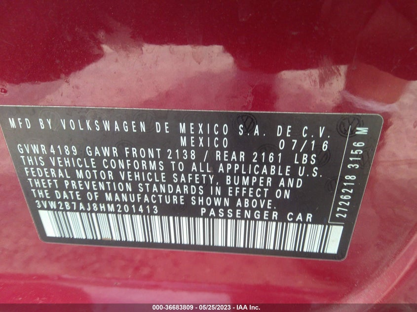 VIN 3VW2B7AJ8HM201413 2017 VOLKSWAGEN JETTA 1.4T S