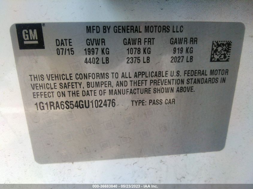 2016 CHEVROLET VOLT LT - 1G1RA6S54GU102476