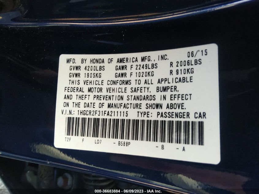 2015 HONDA ACCORD SEDAN LX - 1HGCR2F31FA211115