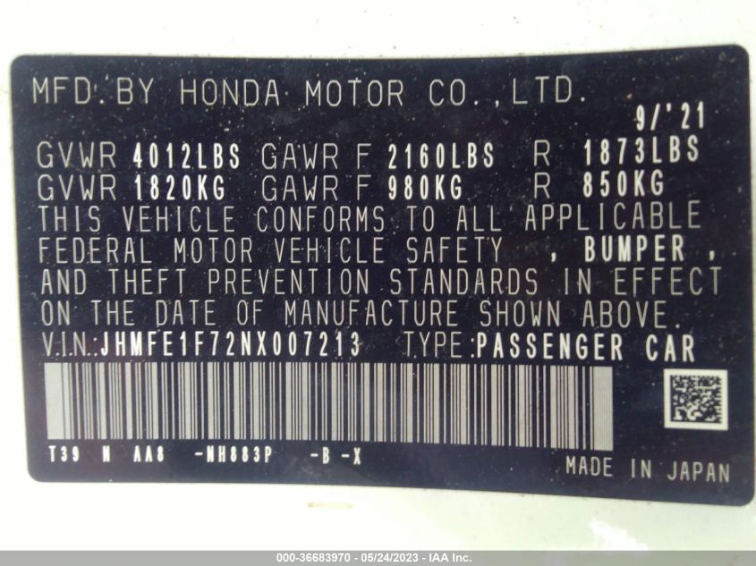 2022 HONDA CIVIC SEDAN EX - JHMFE1F72NX007213
