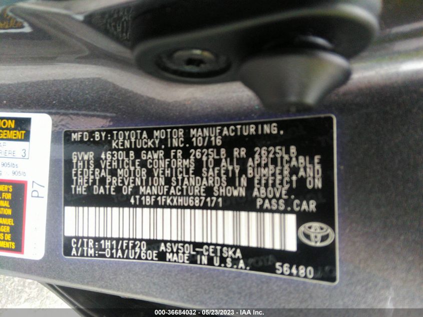 2017 TOYOTA CAMRY XLE/SE/LE/XSE - 4T1BF1FKXHU687171