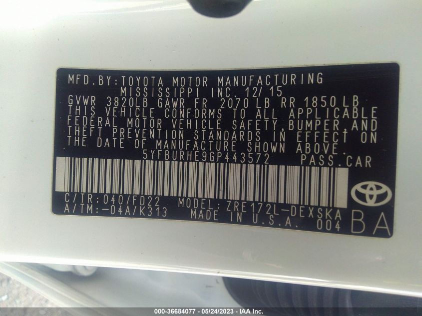 2016 TOYOTA COROLLA L/LE/S/S PLUS/LE PLUS - 5YFBURHE9GP443572