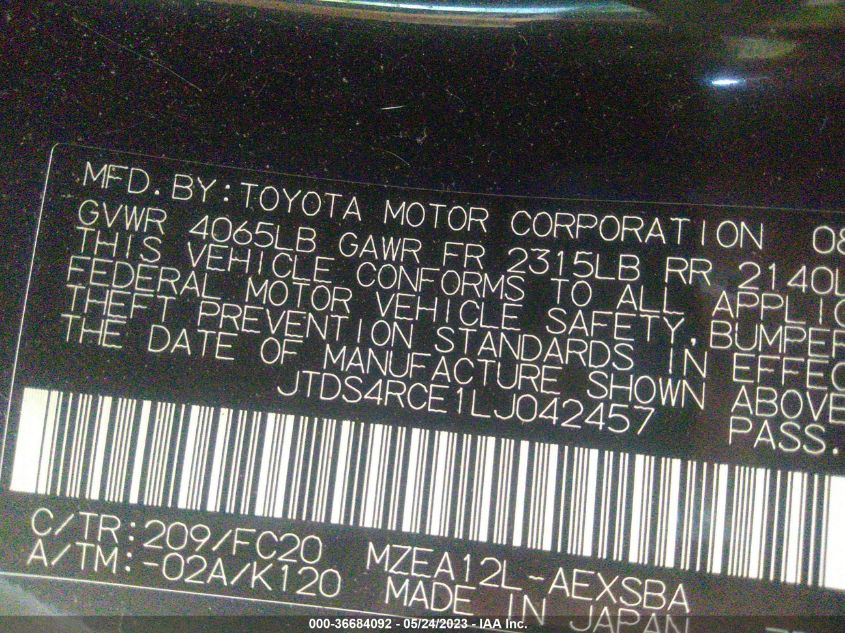 2020 TOYOTA COROLLA SE/NIGHTSHADE - JTDS4RCE1LJ042457