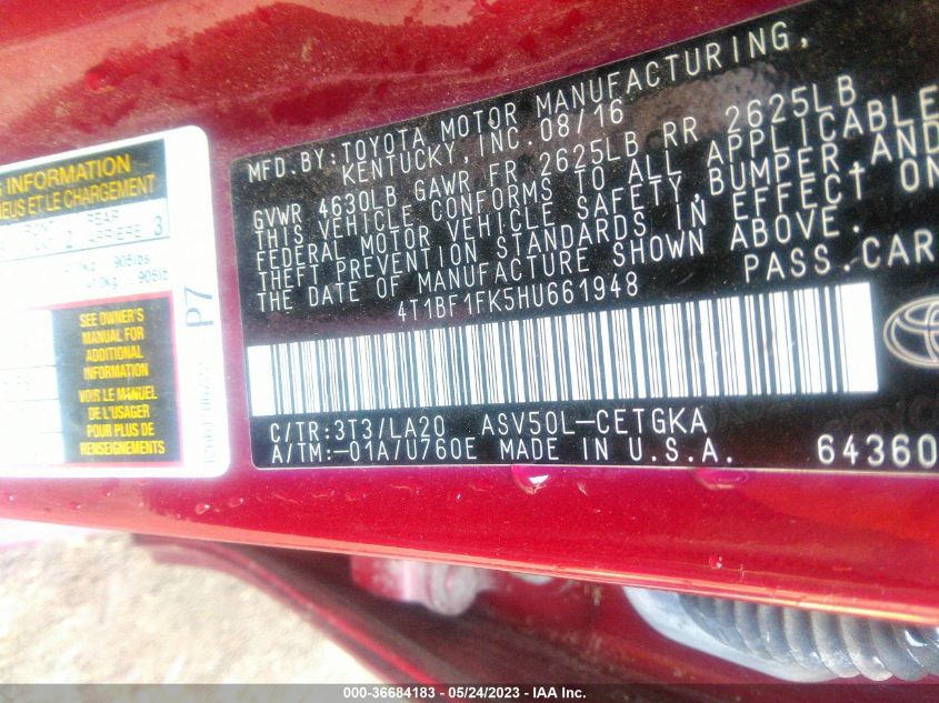 2017 TOYOTA CAMRY XLE - 4T1BF1FK5HU661948