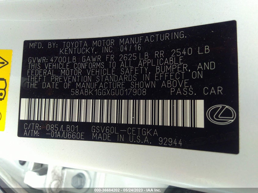 Auction sale of the 2016 LEXUS ES 350 , vin: 58ABK1GGXGU017908, lot number: 36684202