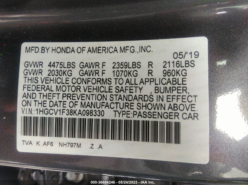 2019 HONDA ACCORD SEDAN SPORT 1.5T - 1HGCV1F38KA098330