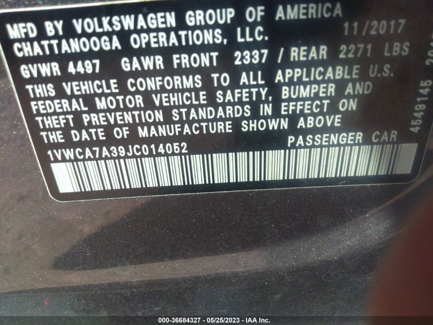 VIN 1VWCA7A39JC014052 2018 VOLKSWAGEN PASSAT no.9