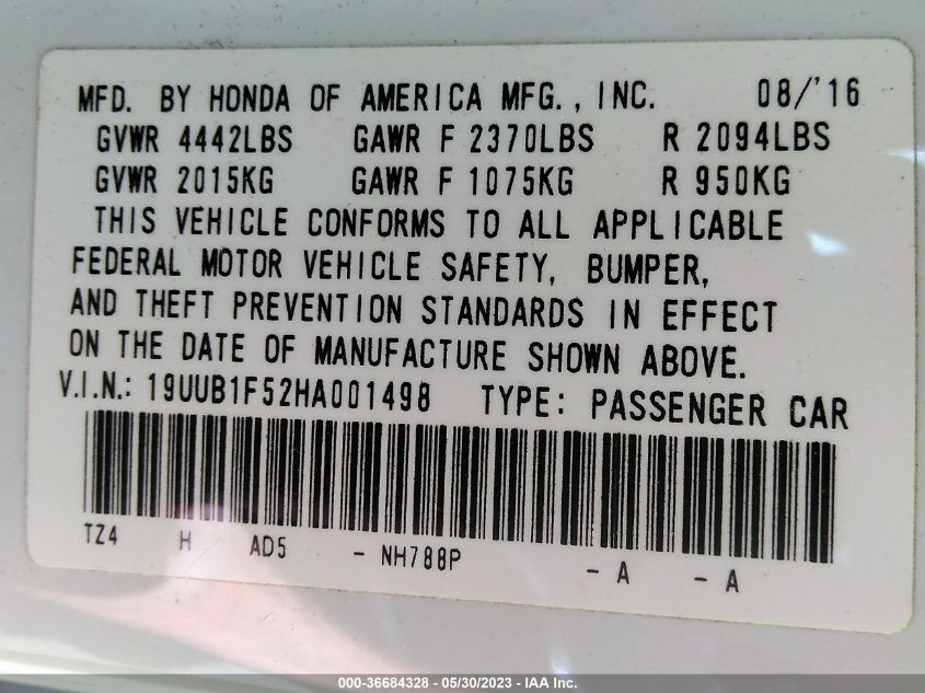 2017 ACURA TLX W/TECHNOLOGY PKG - 19UUB1F52HA001498