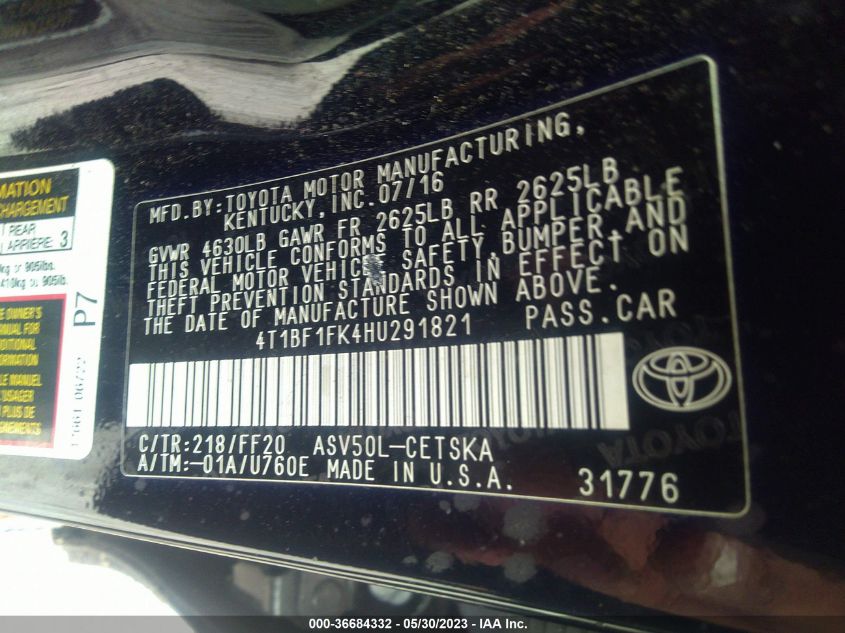 2017 TOYOTA CAMRY XLE/SE/LE/XSE - 4T1BF1FK4HU291821