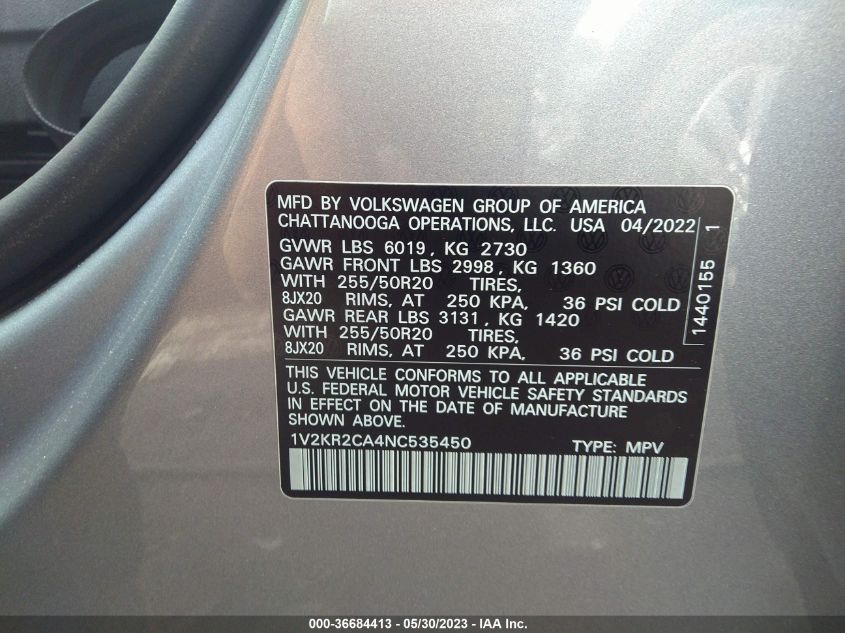 2022 VOLKSWAGEN ATLAS 3.6L V6 SE W/TECHNOLOGY - 1V2KR2CA4NC535450