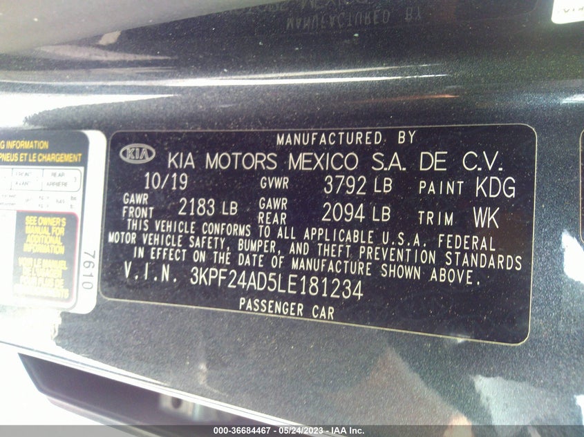 VIN 3KPF24AD5LE181234 2020 KIA FORTE LXS