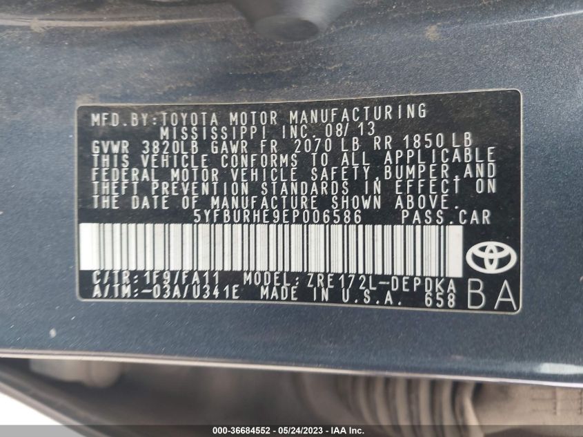 2014 TOYOTA COROLLA L/LE/S/S PLUS/LE PLUS - 5YFBURHE9EP006586