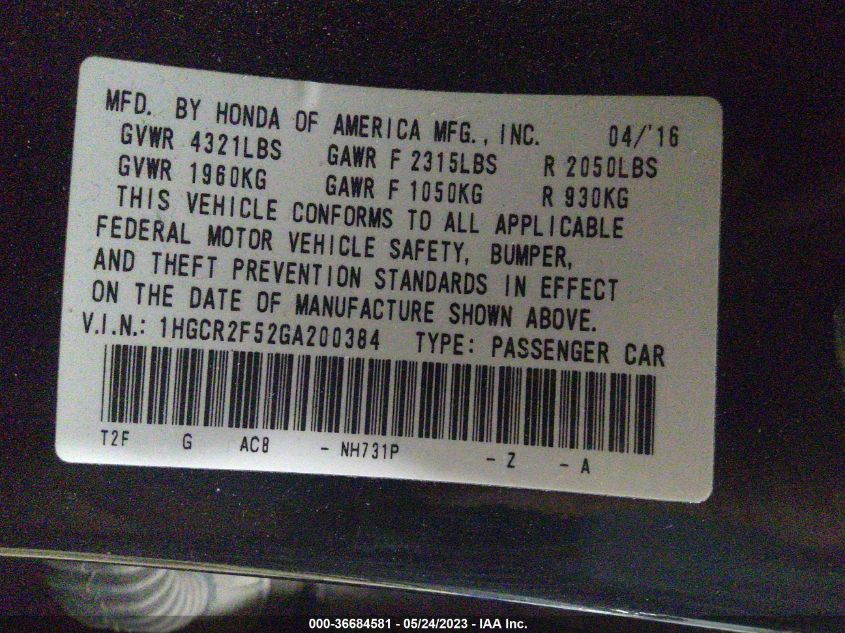 2016 HONDA ACCORD SEDAN SPORT - 1HGCR2F52GA200384