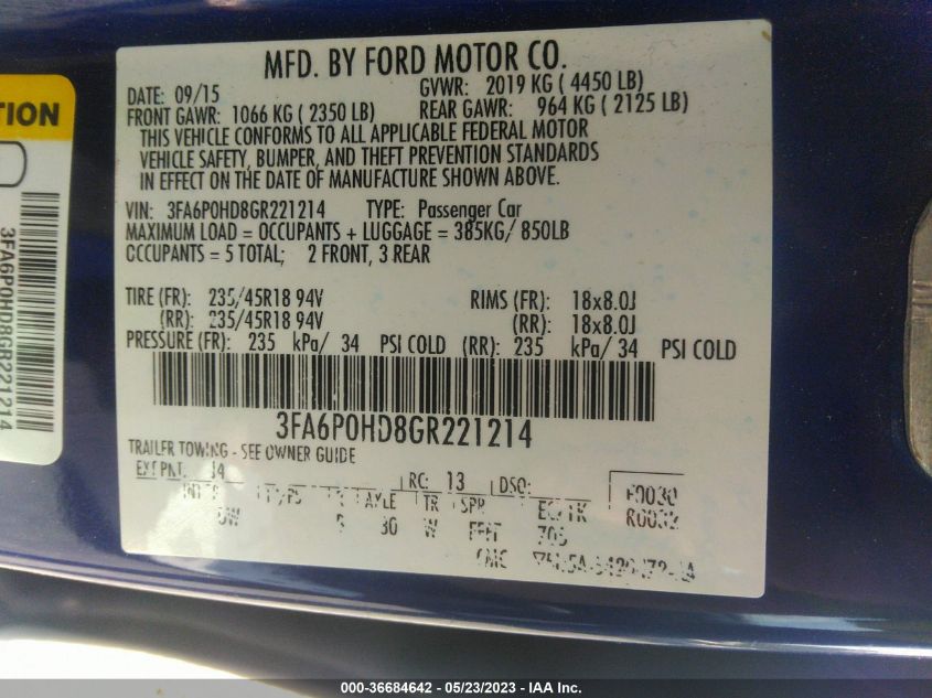 2016 FORD FUSION SE - 3FA6P0HD8GR221214