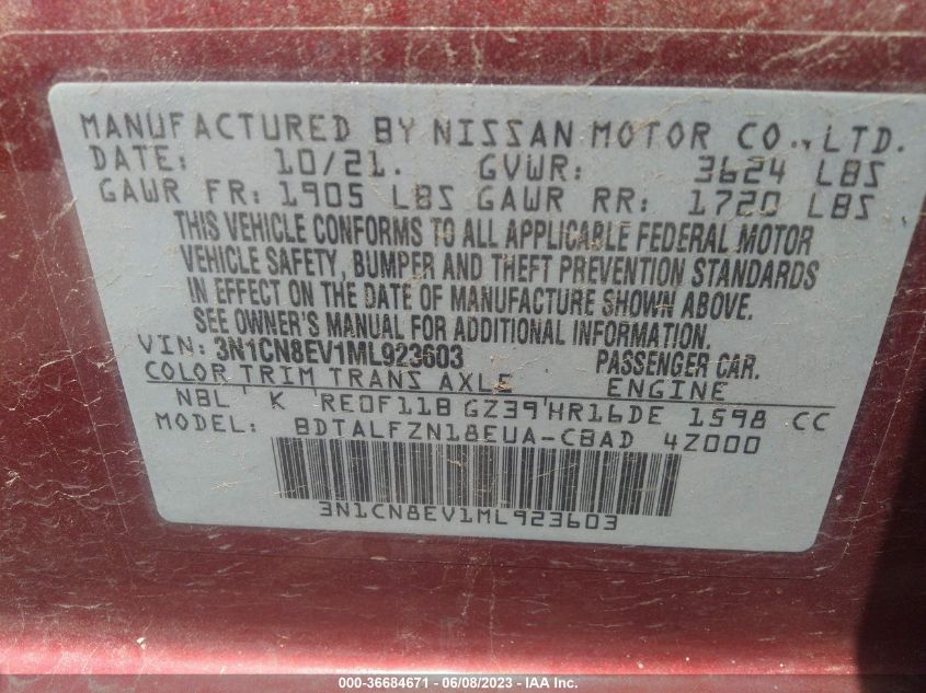 2021 NISSAN VERSA SV - 3N1CN8EV1ML923603