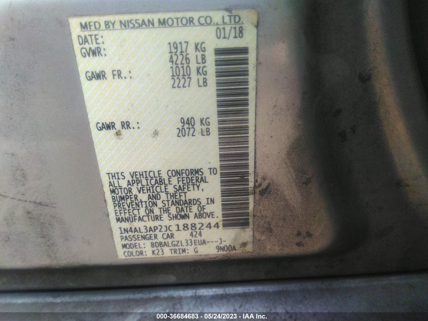 VIN 1N4AL3AP2JC188244 2018 NISSAN ALTIMA 2.5 S