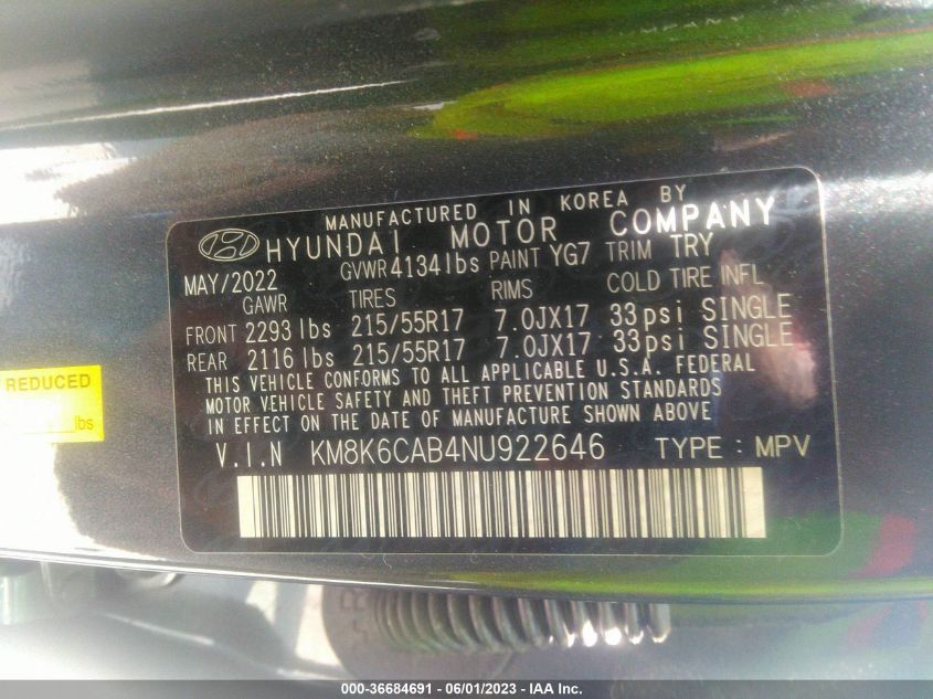 2022 HYUNDAI KONA SEL - KM8K6CAB4NU922646