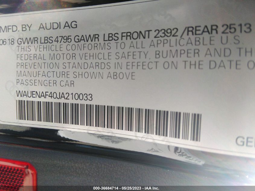 2018 AUDI A4 PREMIUM PLUS - WAUENAF40JA210033