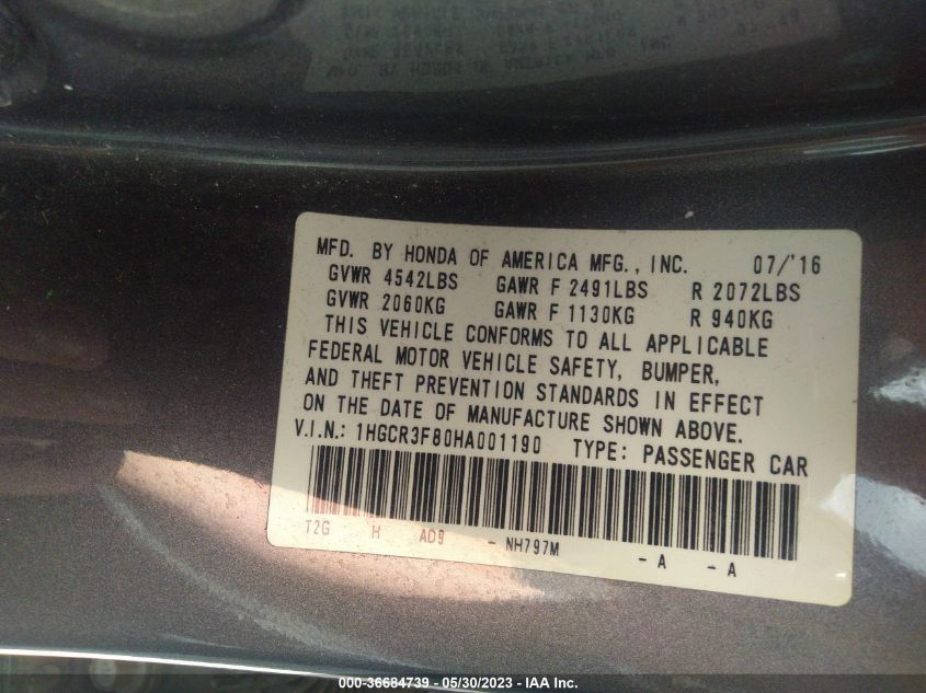 2017 HONDA ACCORD SEDAN EX-L V6 - 1HGCR3F80HA001190