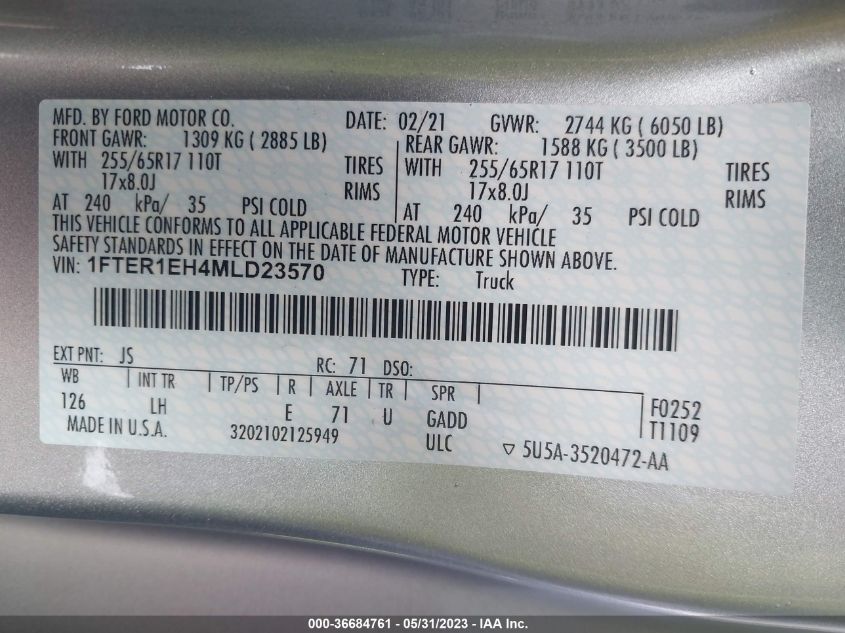2021 FORD RANGER XL/XLT/LARIAT - 1FTER1EH4MLD23570