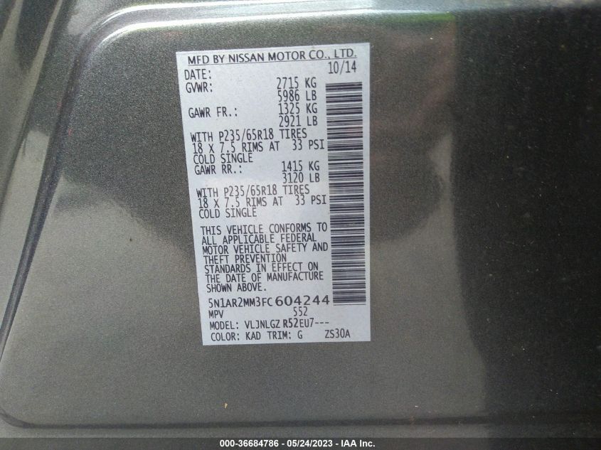 2015 NISSAN PATHFINDER SL - 5N1AR2MM3FC604244